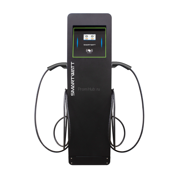 Автомобильная электрозарядная станция SMARTWATT EVC, 44 кВт, коммерческая OCPP 1.6J, переменный ток, 3 фазы 380 В, два поста по 22 кВт 32 А, кабели по 5 метров, коннекторы GBT и Type2, IP54, черная стойка ПромХаб | PromHub